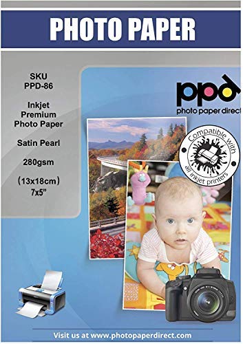 PPD Inkjet   5 x 7” (aprox. 13 x 18 cm) x 50 Hojas de Papel Fotográfico Satín 280 g/m²   Calidad Super Premium   Secado Instantáneo   Para Todas Impresoras de Inyección de Tinta   PPD 86 50