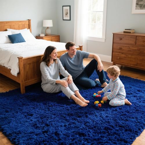 Area Rugs for Bedroom Living Room, 9x12 Soft Large Fluffy Fuzzy Shag Plush Furry Carpet, Soft Indoor Floor Mat for Kids Nursery Home Dorm Office Decor Aesthetic, Blue