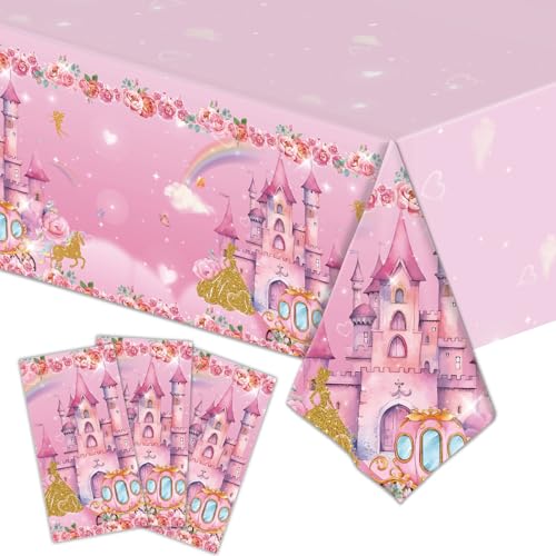 DYLZB 3PCS Pink Princess Tablecloths, Disposable Fairy Tale Castle Plastic Table Cover for Girls Birthday Party, Baby Shower Decorations, 54 x 108inch