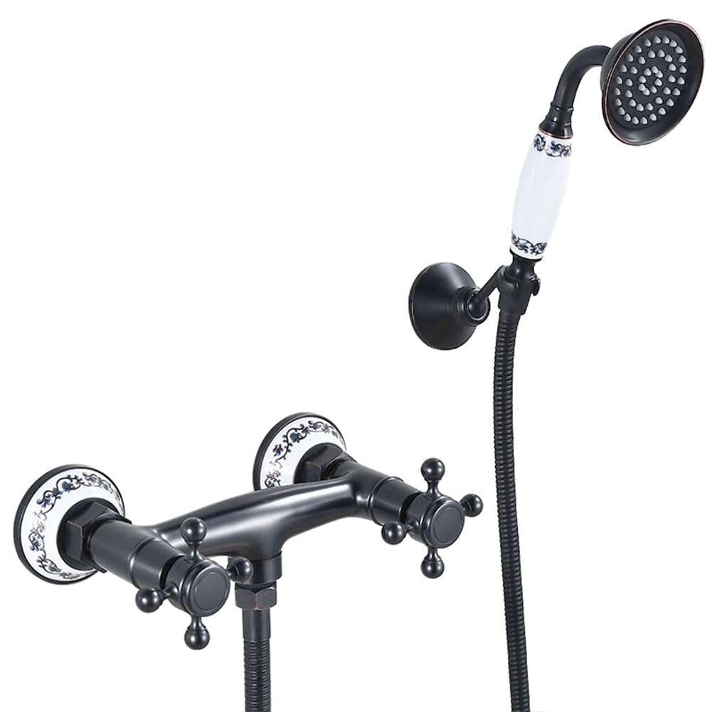 Grifo De Bañera Latón Dos Mandos Grifo De Ducha Con Ducha De Mano Retro Antique Estilo Montaje En Pared Mezclador De Baño Y Ducha, 150 Cm Manguera, Negro