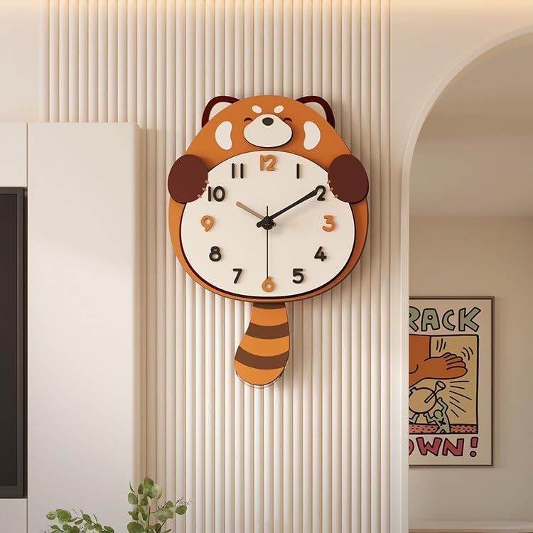 Miniatura 5 de Reloj de pared con péndulo de panda rojo, lindo reloj de pared silencioso sin tictac con forma de animal para habitación de niños, hogar, oficina,