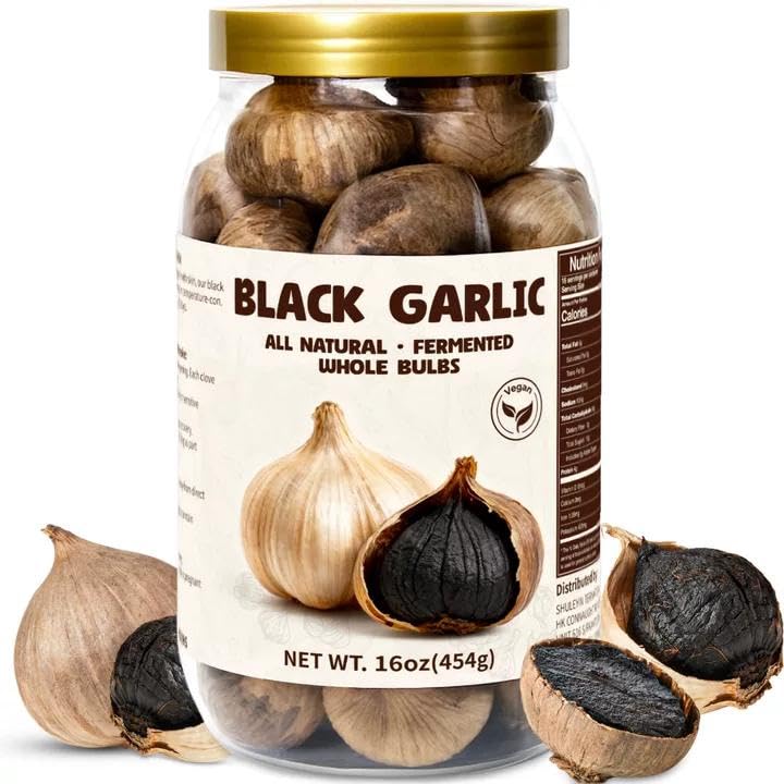 Black Garlic Whole Bulbs 16oz - Fermented & Aged Whole Black Garlic Soft Chewy Texture Mild Sweet Umami Taste Ready to Eat