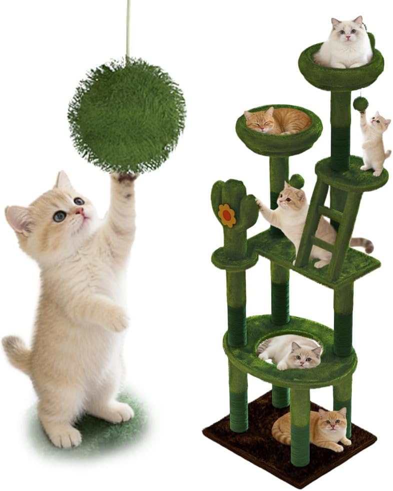 72" Cactus Cat Tree with Capsule & Scratching Posts for Cats (Green)