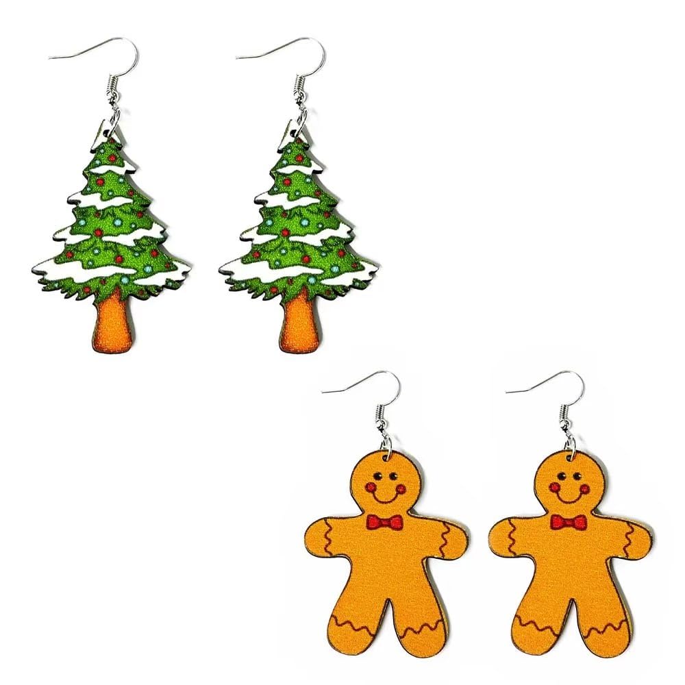 2 Pairs Christmas Wooden Earrings for Women Girls Santa Claus Snowman dangle Earrings Xmas Holiday Jewelry Accessories Gifts