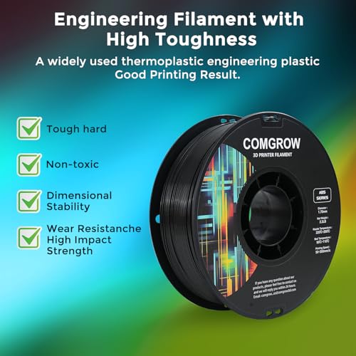 Image of Comgrow ABS 3D Printer Filament, 1.75mm, Heat Resistant, 1kg, Black, 1.75mm Diameter, 1lb Weight, Acrylonitrile Butadiene Styrene Material, Strong and Durable, Dimensional Accuracy + /- 0.02mm