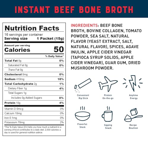 Image of Bare Bones Beef Bone Broth Instant Powdered Mix Packets | 5g Collagen | 10g Protein | Keto & Paleo Friendly | No Artificial Flavors | Rich Savory on-the-go 16 Pack | Keto & Paleo friendly instant broth mix with no artificial flavors, rich savory taste, convenient on-the-go nutrition packets