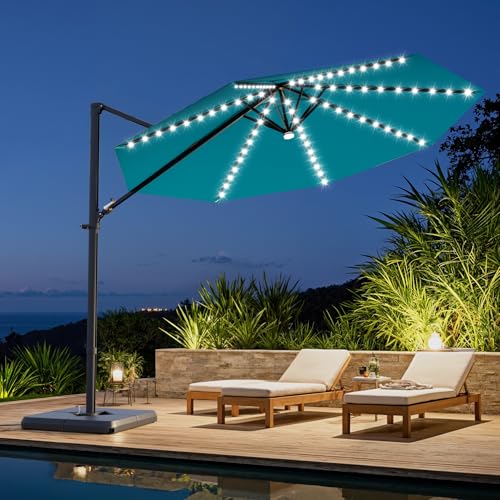 Image of Greesum 10FT Outdoor Patio Umbrella with High Pedel and 4 Gear Heights, Large Offset Umbrella with Solar LED Lights and 360-degree Rotation, Without Base, Hanging Outdoor Shade for Garden, Light Blue