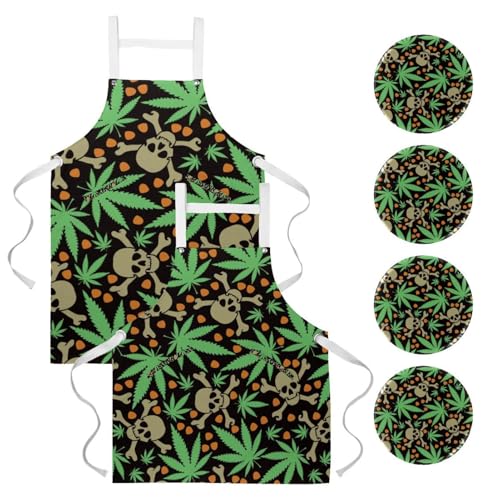 Lot de 2 tabliers de cuisine avec motif tête de mort et feuilles pour la restauration