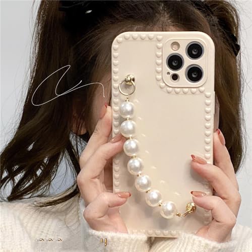 Coque perles iPhone 14 Pro Max étui silicone souple dragonne crème
