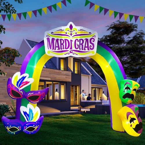 BLOWOUT FUN 9 FT Mardi Gras Inflatable Arch with Mask Decoration Blow Up Mardi Gras Archway Built-in LED Lights for Carnival Party Yard Decor