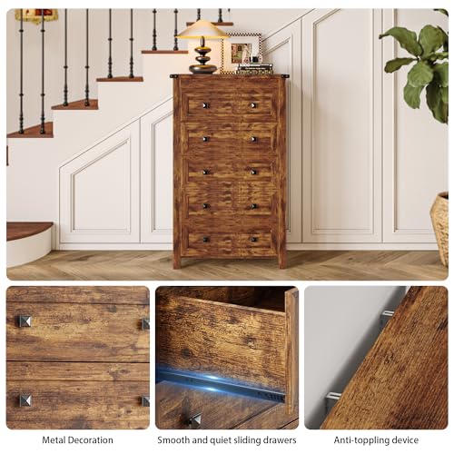 Image of Wodeer Brown Dresser Tall 5 Drawer Dresser for Bedroom, Wooden Dressers & Chests of Drawers with Metal Handles, Modern Storage Cabinet and Organizer Drawers for Bedroom, Hallway, Entryway
