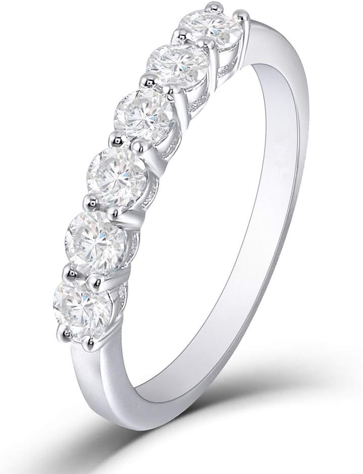 DovEggs Moissanite Half Eternity Band, Wedding Rings for Women, 0.6ctw FGH Color Lab Created Diamond Moissanite Stackable Engagement Ring Anniversary Band Sterling Silver with 18K White Gold Plated