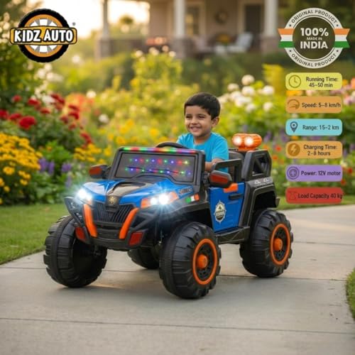 Image of KAB J 2188 Rechargeable Battery Operated Jeep for Kids with Remote Control | Electric Ride-On Toy Car with Music, Decorative Lights, Openable Doors, Suspension & Bonnet Lighting | Blue