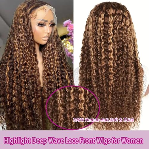 Image of LAINSS Highlight 13x6 Deep Wave Lace Front Wigs Human Hair 4 /27 Ombre Curly HD Transparent Lace Frontal Wig Pre Plucked Glueless Wig human hair 210% Density Wet and Wavy Curly Wigs 18 Inch