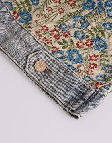 Kedera Women's Jacquard Denim Jacket Long Sleeve Peter Pan Collar Floral Crop Jean Jackets Button Down Denim Shacket4