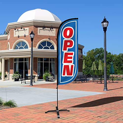 Image of LookOurWay Feather Flag Set - 5ft Tall Advertising Banner Flag with Pole Kit and X-Stand for Business Promotion - Open Blue /Red