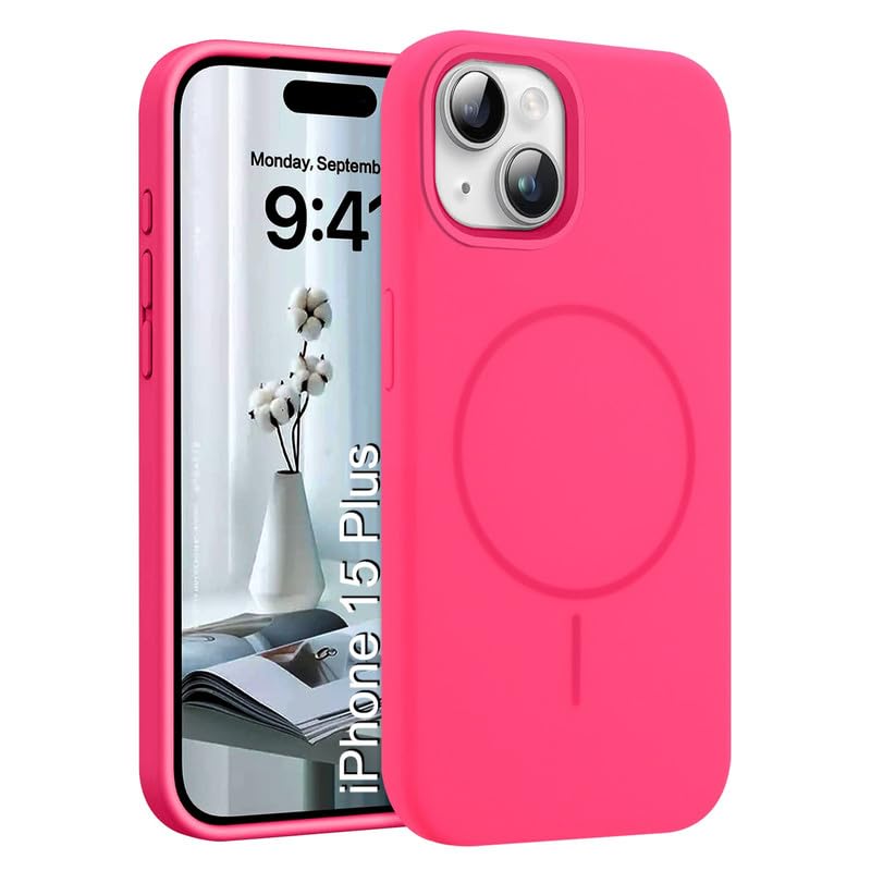 Image of LuxuryKase Silicone Magnetic Case for iPhone 15 Plus | Soft Microfiber Lining | MagSafe Support | Shockproof Protective Cover | Precise Cutouts | Slim Fit Design - Pink