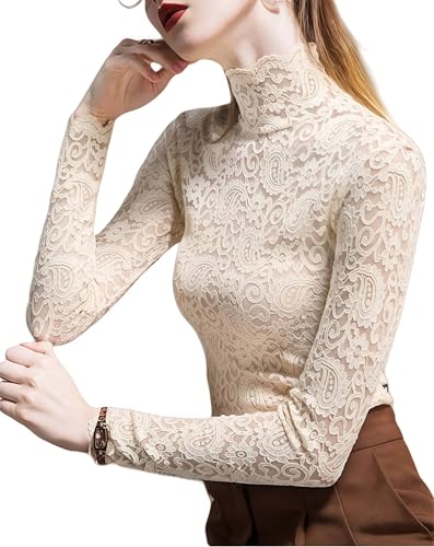 Women's Sexy Slim Fitting Long Sleeved Turtleneck Pullover Bottom Shirt Mesh Lace Perspectives T-Shirt Top2