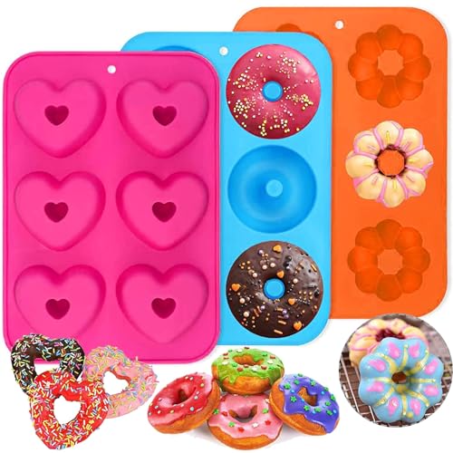 PHOGARY Stampo Ciambella, 3 Donuts Stampi Silicone, 6 cavità Teglia da Forno Antiaderente, 260 ° C Resistente al Calore, per Torte, Biscotti, Bagel, Muffin, Color-2