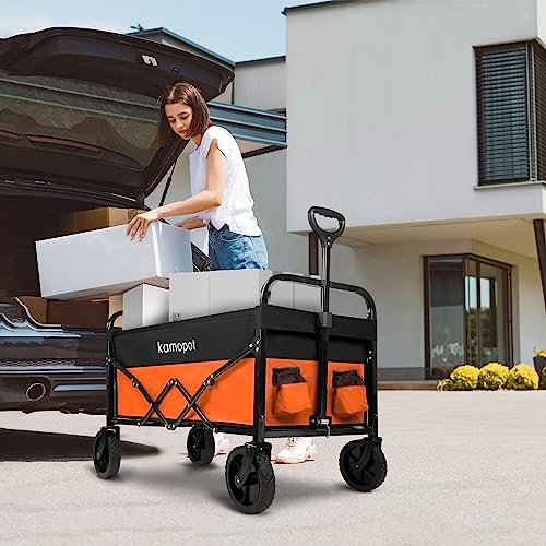 Kamopot Collapsible Wagon Cart, Folding Wagon For Grocery,Utility Wagon For Beach, Sports, Outdoor, Gardening. Heavy Duty 220 Lbs, With Self Assembly Wheels - Black/Orange #TOP6