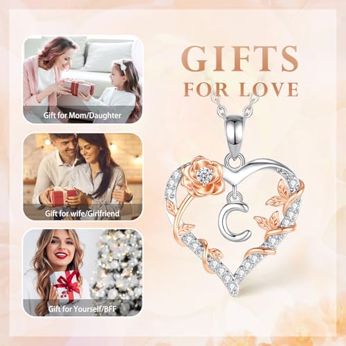 Rose Heart Initial C Ketting voor Vrouwen Letter C Alfabet Initial Kettingen Koper Rhodium Plated Hanger met Kubieke Zirkonia, Initialen Sieraden Geschenken voor Vrouwen Vrouw 18 - Afbeelding 5