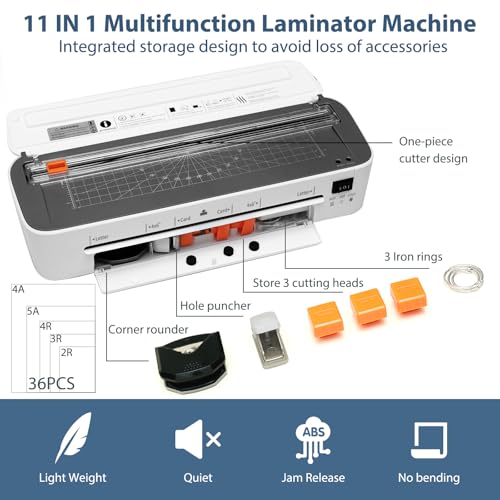 Laminator Machine, 11 in 1 Laminating Machine with 36 Laminating Sheets, A4/Letter Size Desktop Thermal Laminator 2 Temperature Modes 3 Cutters Built-in Paper Trimmer for Office Sc image 5