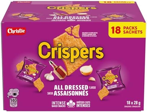 CRISPERS, All Dressed Flavour, 18 Individually Wrapped Snack Packs, Bulk Lunch School Snacks, Value Pack, Is It a Chip or a Cracker, 504 g (28 g bags each)