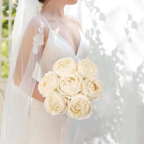 Miniatura 4 de IPOPU Rosas artificiales a granel, 25 unidades de rosas de seda blanca a granel, rosas falsas blancas a granel, flores para decoración de ramo