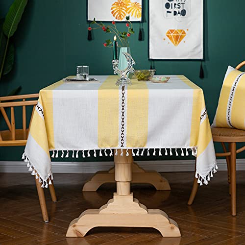 Nappe rectangulaire coton lin jaune 90x140 cm à pompons pour table