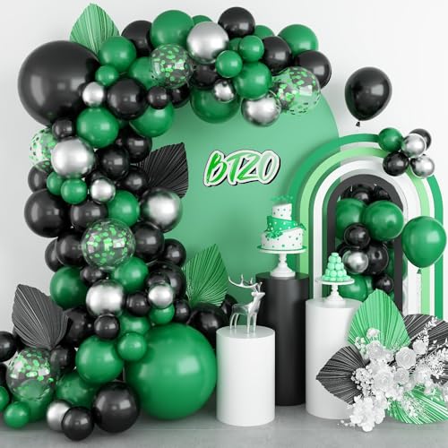 Image of Black Green Balloon Garland,BTZO Balloons Arch Kit With Metallic Silver Confetti Balloon,Black and Green Balloons for Birthday Wedding Bridal Shower Graduations Party Decorations