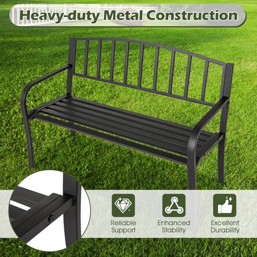 Image of Giantex Metal Outdoor Bench, Patio Garden Bench with Backrest, Curved Armrests, Slatted Seat for 2-3 Persons, 660 LBS, Heavy-Duty Outside Seating Loveseat for Yard, Porch, Park, Black