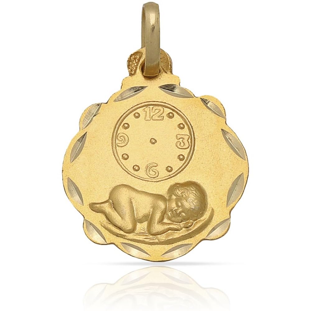 Medal narodzin z zegarkiem, srebro próby 925 pozłacane, tłoczony wzór dla niemowląt, 16 x 20 mm, z pudełkiem prezentowym