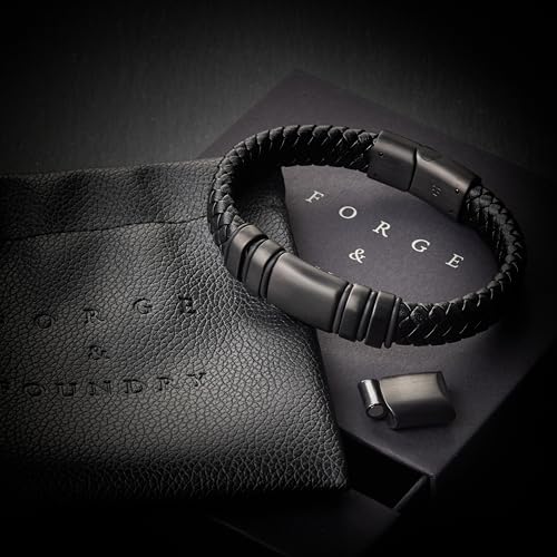 Forge & Foundry Men's Adjustable Black Leather Bracelet | Genuine Woven Leather with Stainless Steel Snap Clasp | Design-Led, Artisan Jewellery from London | Single Strand, Brushed Black Clasp [Navarro]2