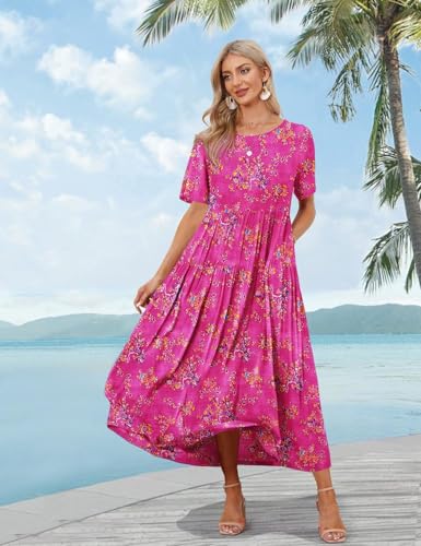 YESNO Women Dresses Casual Plus Size Bohemian Short Sleeve Floral Long Maxi Summer Beach Swing Dress/Pockets EJFUK - Image 3