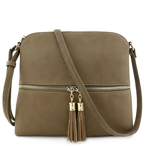 DELUXITY Lightweight Medium Crossbody Bag with Tassel (Khaki)