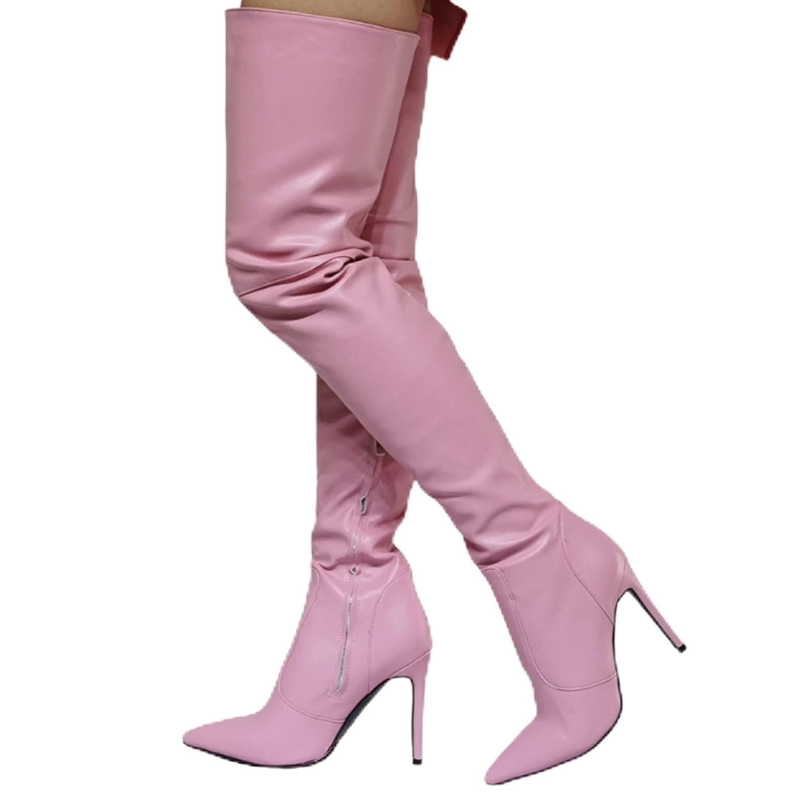 BeAUZQ Damenmode Rosa Spitz Overknee Stiefel Sexy Oberschenkelhohe Stiefel Fetisch High Heels Sexy Stripper Club Pole Dance Party Schuhe