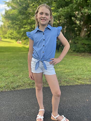 Image of Girls Sleeveless Plaid Button Down Shirt Summer Crop Tops Tie Knot Ruffle Sleeve Shirt Blouse 3-12Y