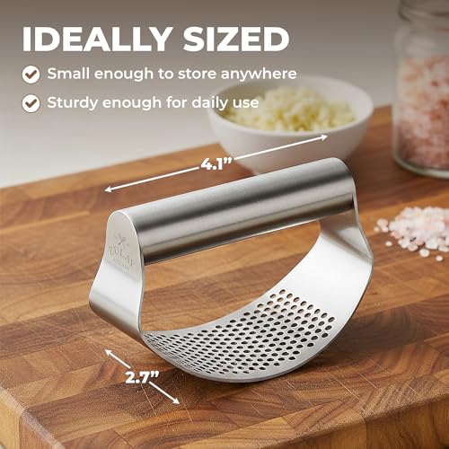 Image of Zulay Kitchen Stainless Steel Garlic Press Rocker Set - Time Saving, Durable Strong Garlic Mincer Tool - Easy to Use & Clean Garlic Crusher Set with Peeler and Scraper Kitchen Gadget Smasher