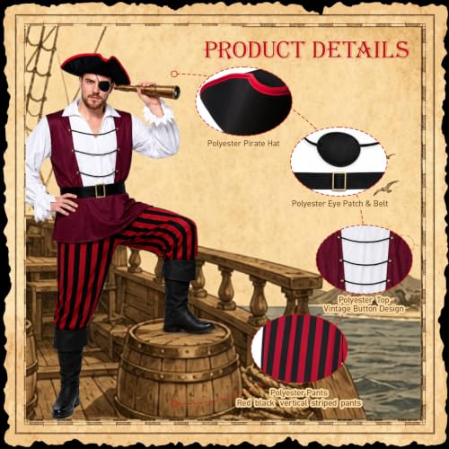 kitsezt Men Pirate Costume, Adult Pirate Shirt Vest Viking Pants Hat Set - image 5