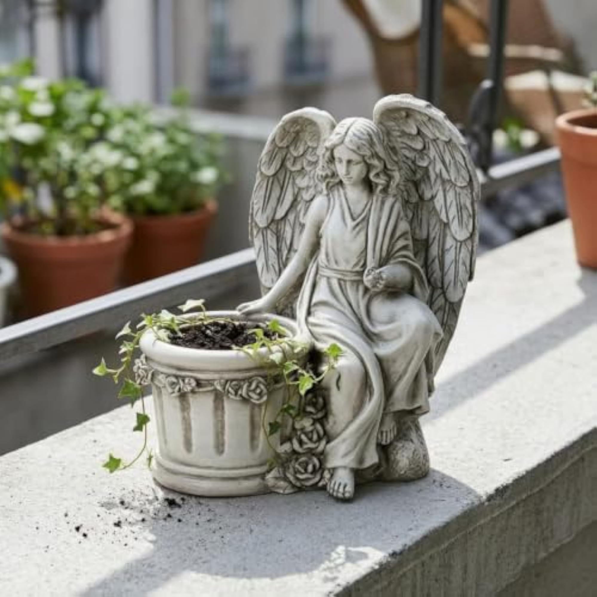 Antique Cream Ornate Angel Figurine Planter