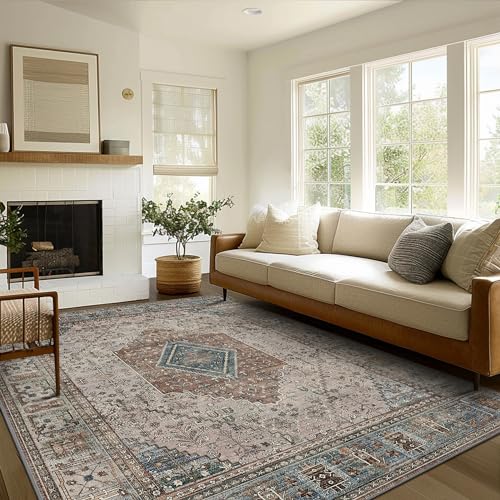 GENIMO 3x5 Vintage Area Rug, Machine Washable, Non Slip & Low Pile Lightweight for Living Room, Entryway, Bedroom, Kitchen, Blue Gray