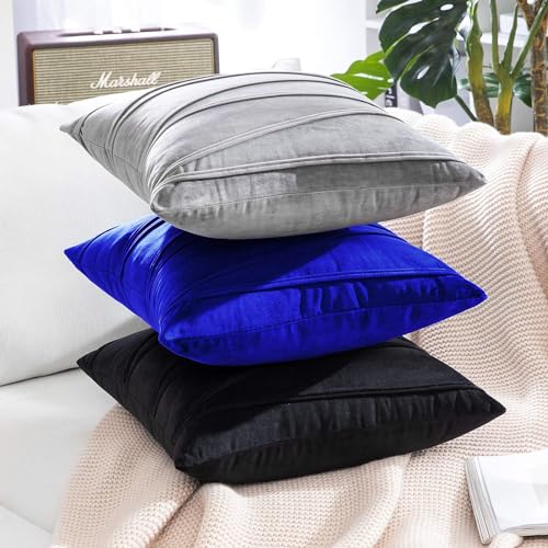 Image of Khooti Velvet Striped Cushion Cover Pack of 1-18 inchX18 inch /46X46 Cm | Royal Blue | Soft Pillow Covers Cushion Case for Sofa Bedroom Living Room Chair Car, Cushion Cover with Zig Zag Pattern
