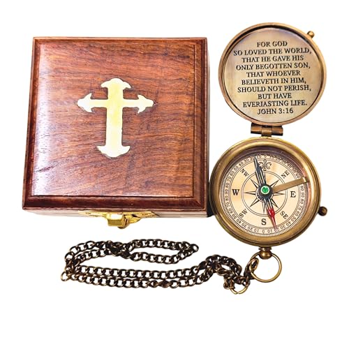 Engraved Brass Compass with Wooden Box Bible Verse Cross with John 3:16 Bible Verses Prayer Charm Faith Religious Birthday Inspirational