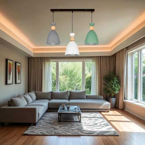 Image of Modern 3-Light Pendant Hanging Light for Ceiling, Aluminium Dome Hanging Lamp for Grey Green White, Linear Set