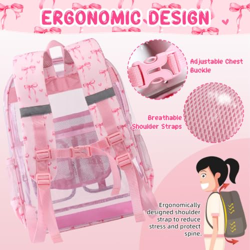Image of Three-layer Clear Backpack, Heavy Duty Clear Bookbag for Kids, See Through Backpack Transparent Bag for Girls Boys (Pink Bow)