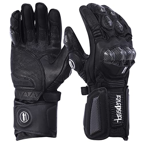 Harssidanzar Leather Motorcycle Gloves Men and Women,Powersports Carbon Fiber Knuckle Protection Motorbike Gloves KM045UK,Black,Size L