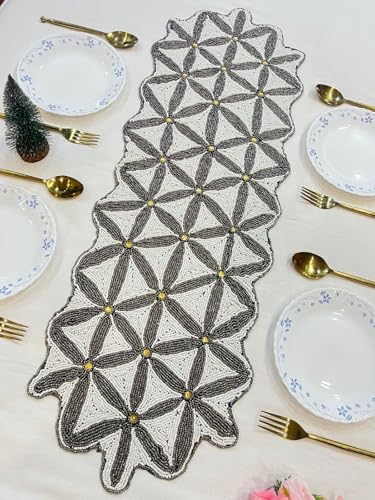 Image of Handmade Silver Gold Beaded Dining Table Runner | Decorative Console Runner for Dining Table, Festive Home Decor & Elegant Gifting | Luxury Handcrafted Bead Work Table Runner