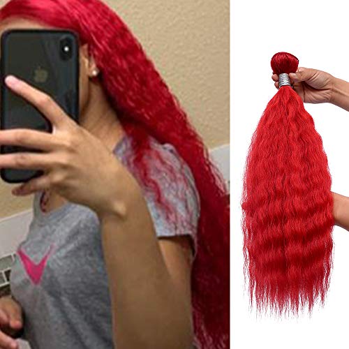 ADOIFAIR Brazilian Kinky Straight Hair 3 Bundles 22 22 22inch Synthetic Human Hair Bundles Brazilian Synthetic Hair Weave Extensions Yaki Straight Hair Bundles(22 22 22, Red Wavy Bundles)