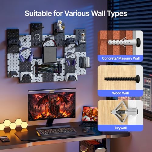 Image of PEGZONE Controller and Headphone Holder Wall Mount, Modular Gaming Pegboard with Accessories, Controller Stand for Xbox PS5 PS4 Switch, Video Game Storage, Disc Shelf, 14pcs Pegboard, Black & White