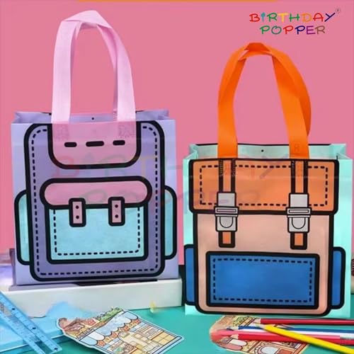 Image of Birthday Popper Goody Bags (Schoolbag Pattern) as Birthday Return Gifts for Kids - Set of 20 - Size: 22 x 22 cm -with Handles - Candy Treat Gift Bags